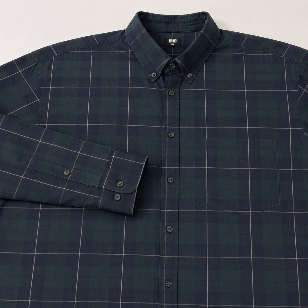 Uniqlo Button Down Shirt Mens 3XL Green Plaid Long Sleeve Pocket Cotton Blend
